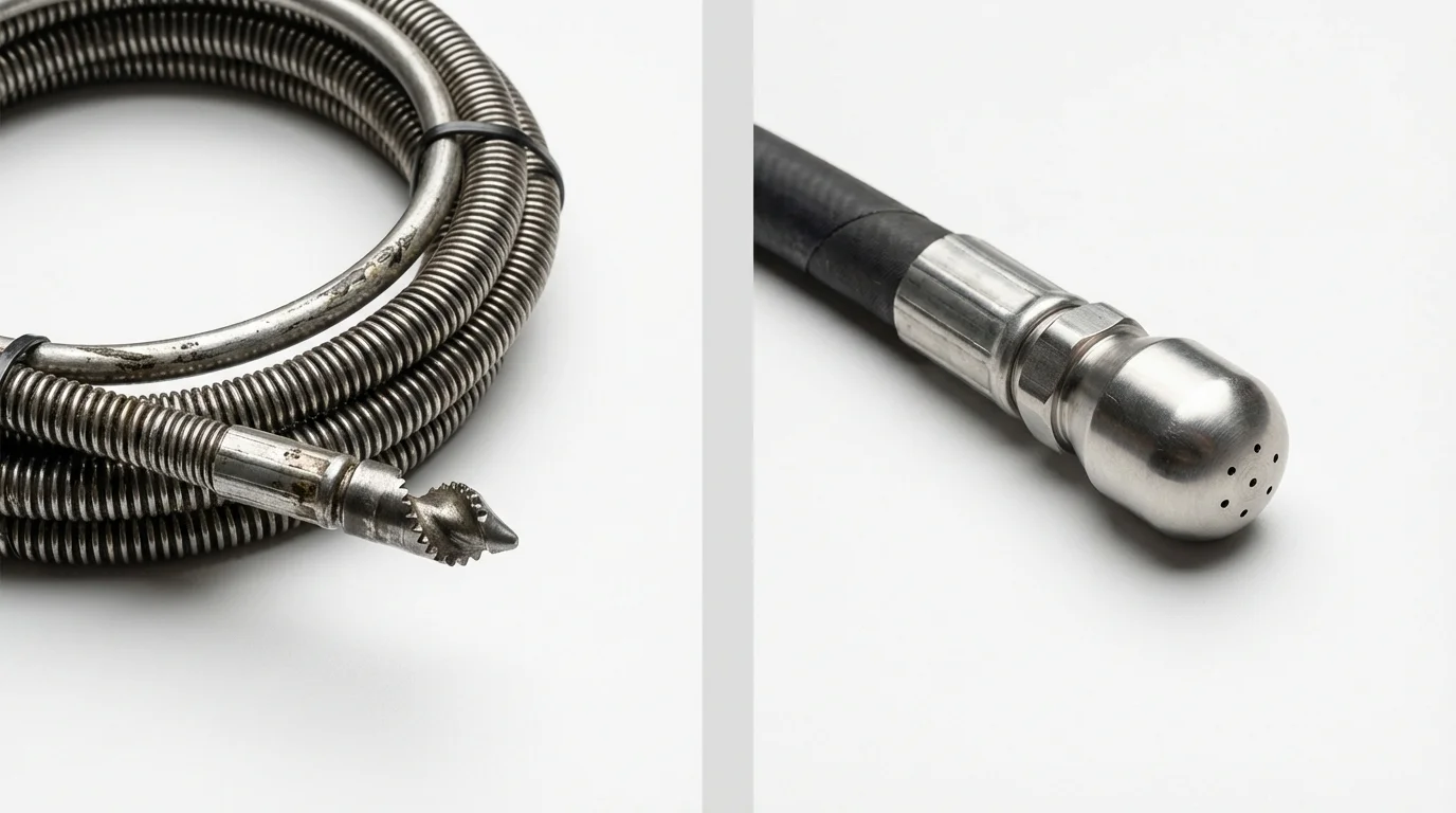 Drain snake cable and hydro jetting nozzle used for drain cleaning in Bethesda, MD