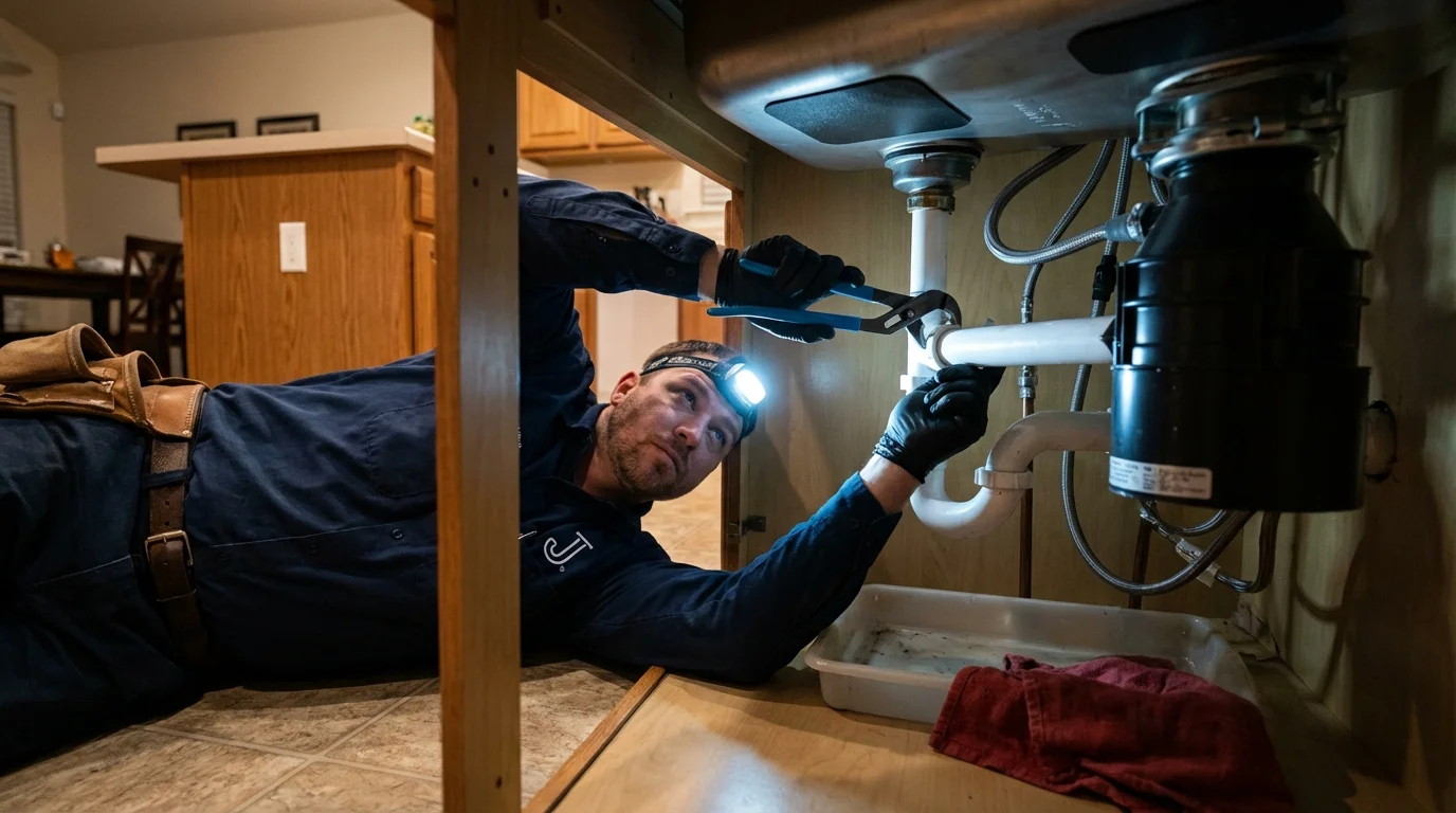 P-trap and supply line connections under a kitchen sink showing a common leak point in Bethesda, MD